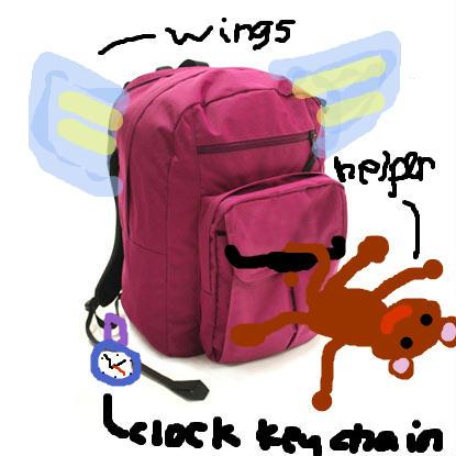 The monkey on the backpack is a helper that will finish your homework and if you left something at home it will get it for you. The wings carry you around so you can fly over everyone else in the lunch lime. The clock tells time. 