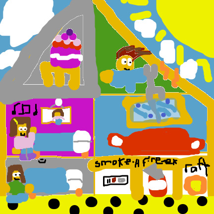 in the bottom right corner there is a raft, a fire extinguisher and a smoke detector. And the house's base is made from sponge