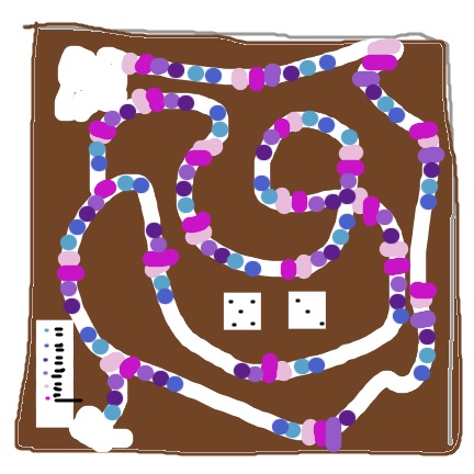 it is a cardboard game board that you draw on with color coded squares. You can either reuse dice or make them. And there is a key down in the bottom left corner to show what the colors mean.